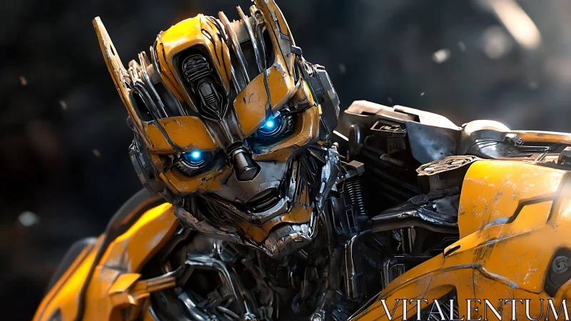 Cinematic close-up of yellow combat mech with luminous optics