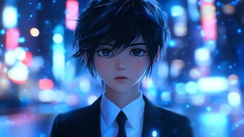Young suited character stands before neon city bokeh lights
