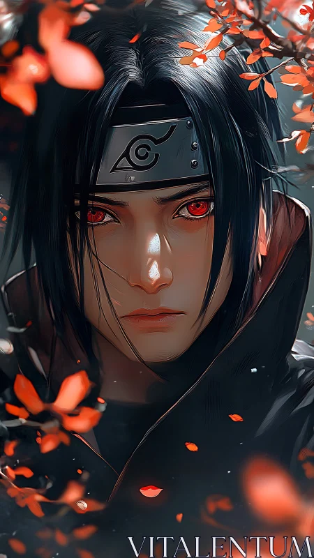 Calm anime warrior framed by glowing crimson petals.