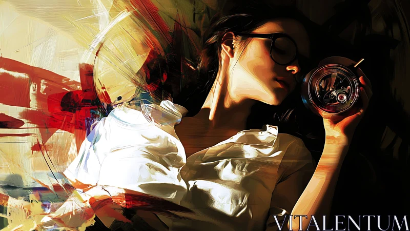 Dreamy girl resting with a drink in warm abstract light.