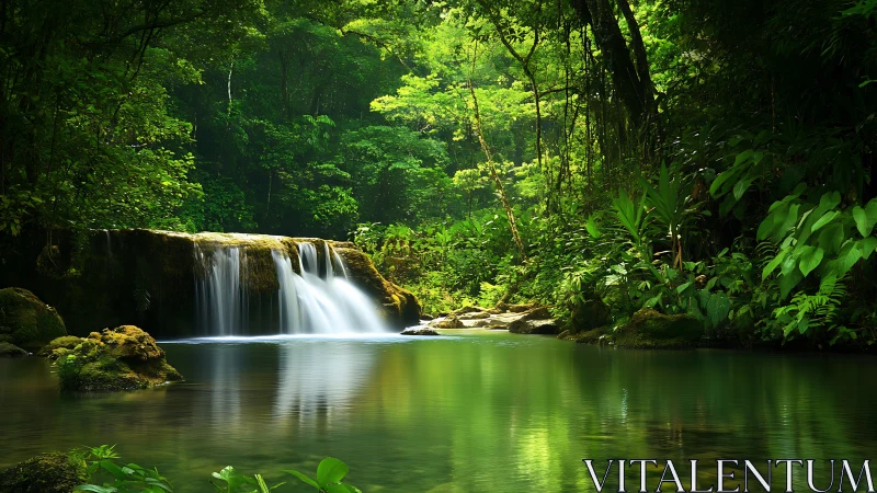 Sunlit jungle waterfall pours into calm emerald forest pool