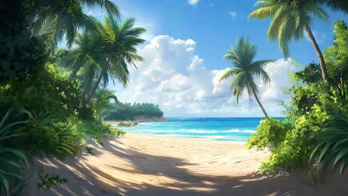 Tropical beach paradise with lush palms and turquoise waters.