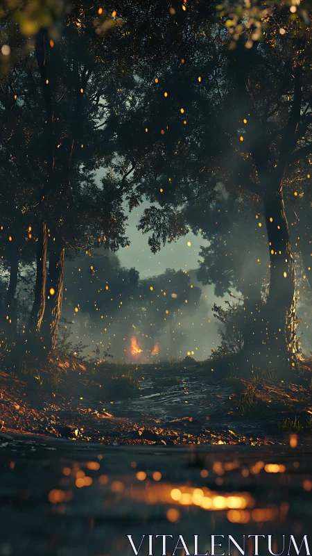 Enchanted forest pathway glows with floating embers.