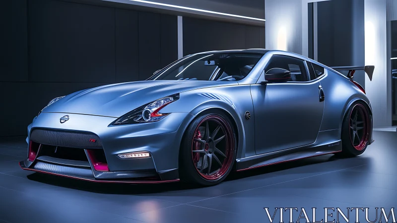 Satin grey Nissan sports coupe under glossy showroom lighting