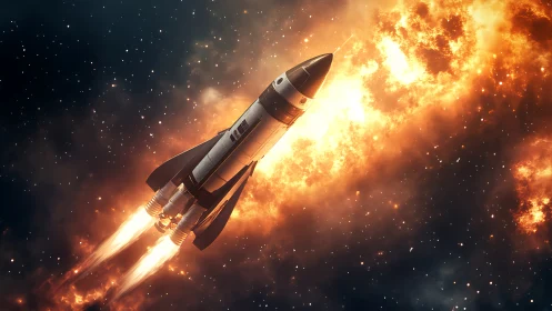Fiery rocket streaks confidently through the glowing starfield