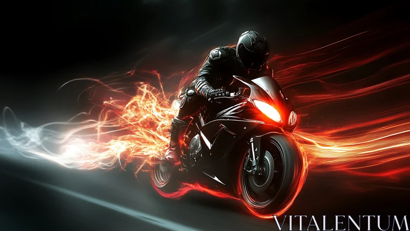 Motorcycle racer slicing night with blazing energy trails.