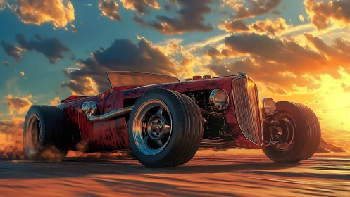 Low-slung red hot rod roadster under dramatic sunset sky