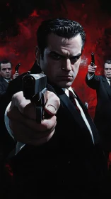 Mob enforcer aims pistol amid intense crimson backdrop.