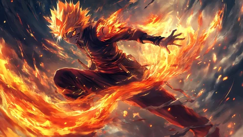 Fire-wreathed anime warrior unleashes swirling inferno power.