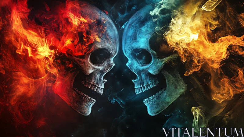 Flaming skulls collide in mirrored red, blue and yellow fire
