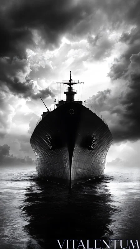 Monochrome frontal view of large ship at sea in storm.