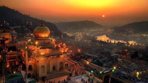 Golden-domed shrine glows over river city at sunset.