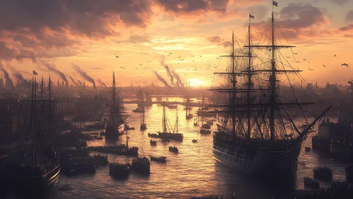 Golden-hour harbor skyline glows around tall sailing ships.