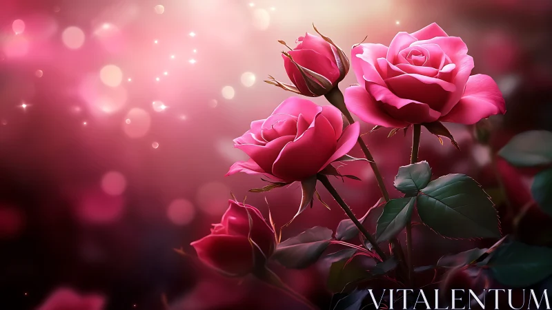 Pink roses with bokeh background and light particles.