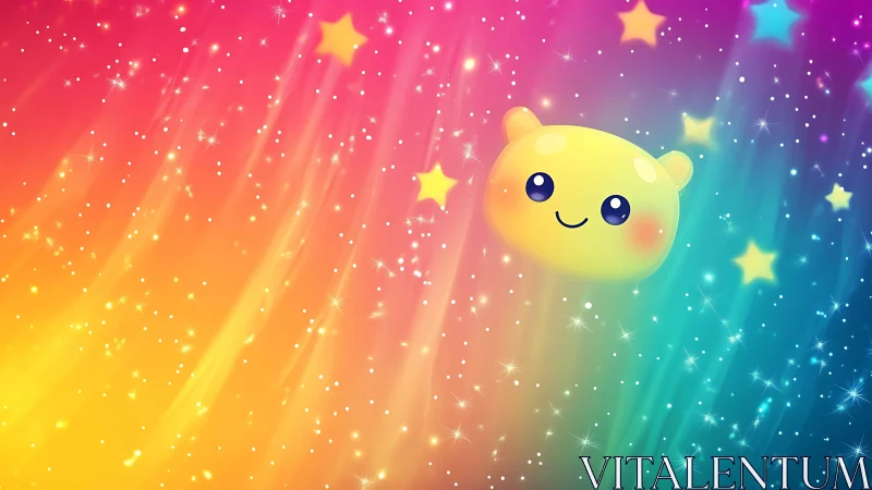 Cheerful starry jelly friend drifts through a rainbow sky