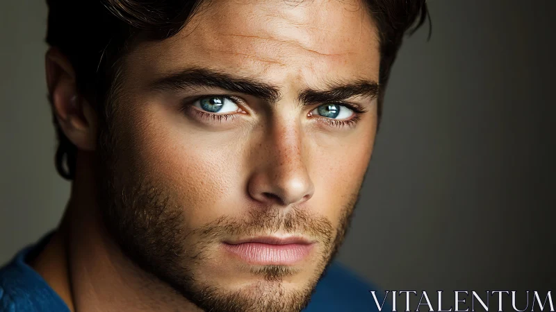 Intense blue-eyed male portrait in soft studio light.