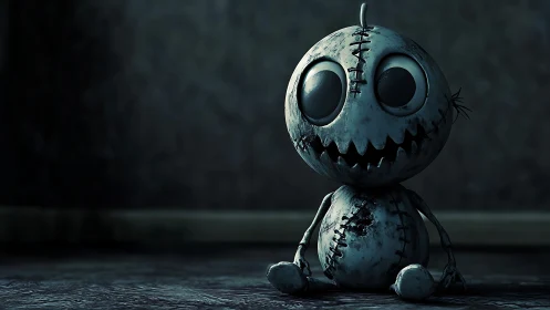 Stitched little misfit doll grinning in the shadows.