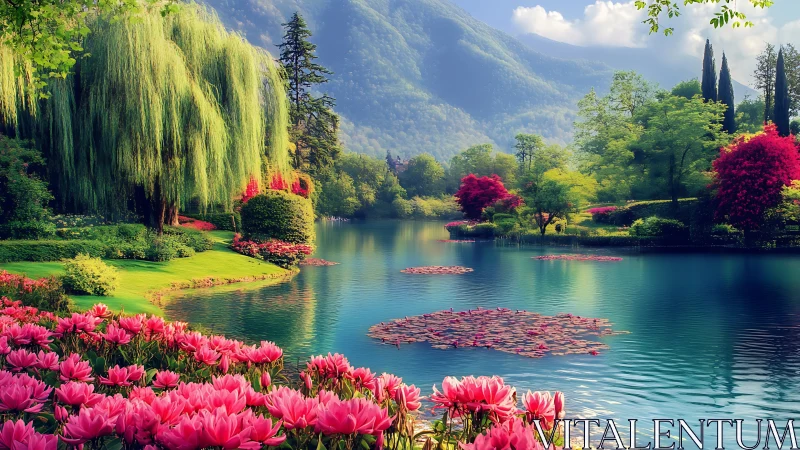 Lush lakeside garden blooms beneath serene misty mountains.