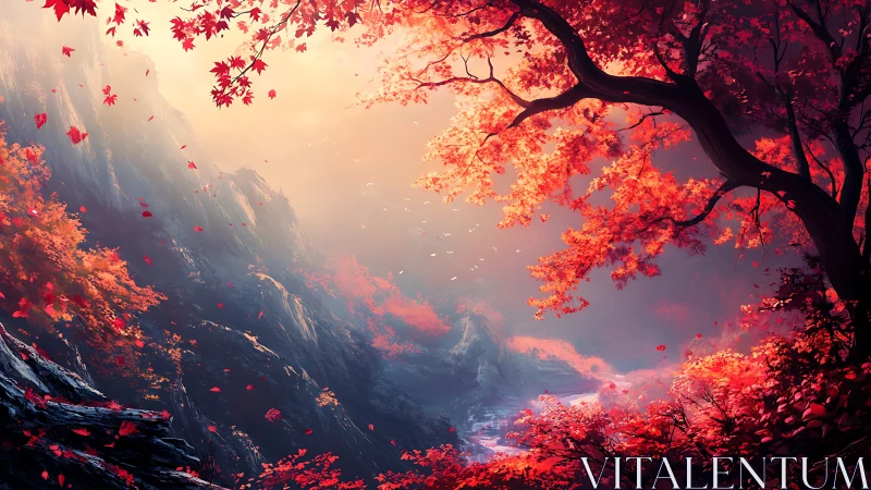 Autumn valley scene with red foliage and misty light.