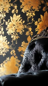 Black tufted chair against gold floral damask wallpaper
