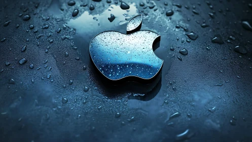 Apple Logo Emerges Through Wet Glass with Water Droplets