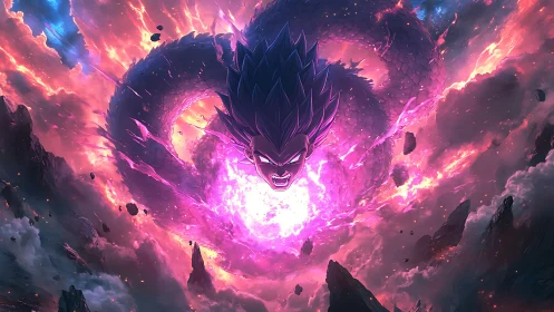 Cosmic warrior unleashes dragon vortex over shattered world.