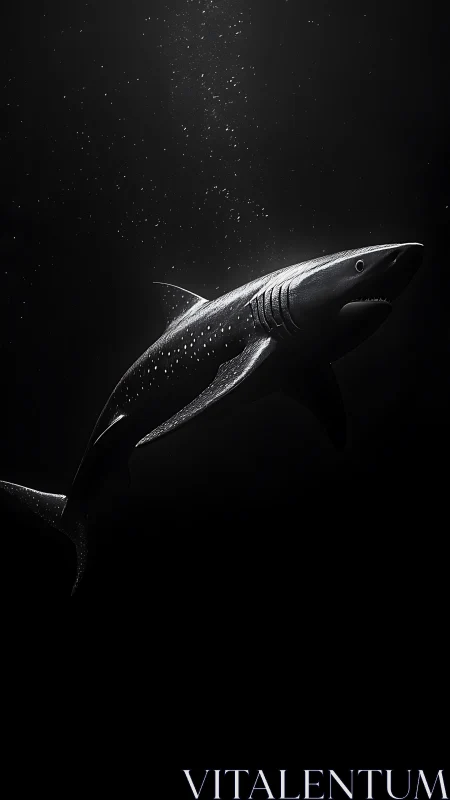 Solitary shark silhouette under dramatic spotlighted depths.