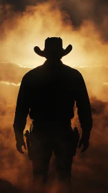 Lone cowboy silhouette strides through blazing sunset haze