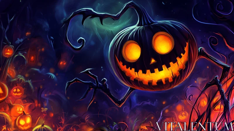 Demonic jack o lantern stalks glowing haunted pumpkin field.