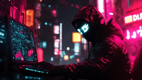 Neon-masked hacker at terminal in cyberpunk alleyway nightscape.