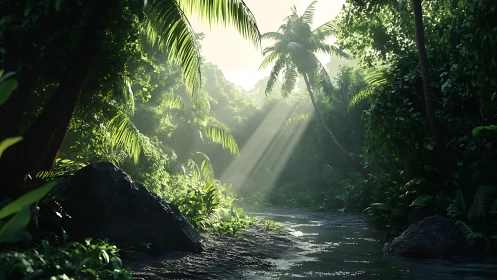 Volumetric sunrise beams traversing dense tropical riverbank.