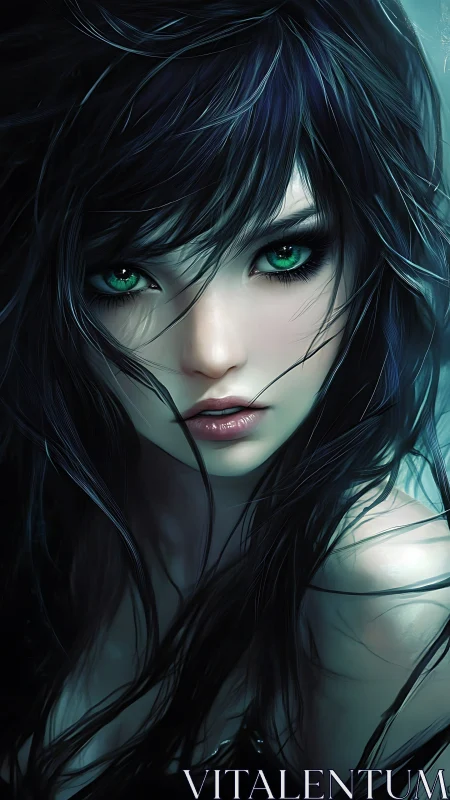 Digital portrait of woman with teal eyes and dark hair.