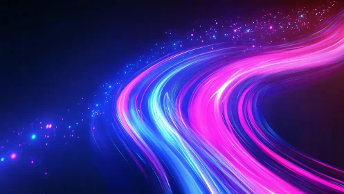 Neon pink and blue light trails curve over dark background.
