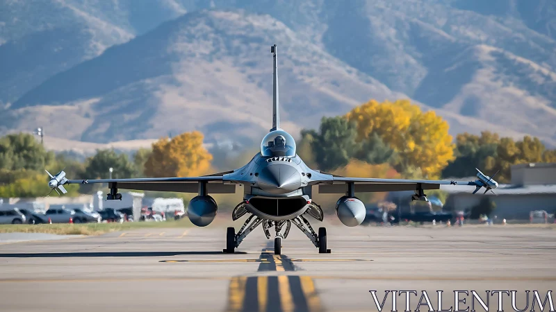 Front-view jet fighter poised on runway amid autumn hills.