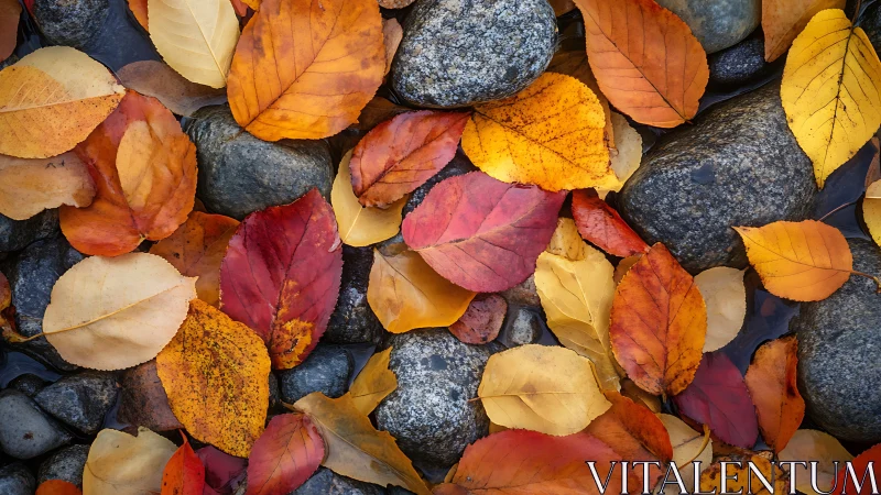 Chromatic autumn leaf matrix over wet river stones.