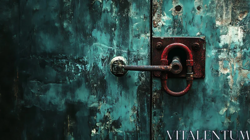 Rusted crimson latch guarding a weather-beaten teal door.