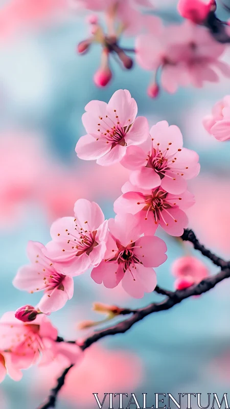 Pink blossoms on dark branch against blurred blue background.