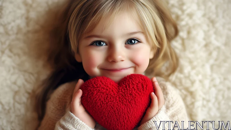 Young Child Holding Red Heart Plush Against Neutral Backdrop