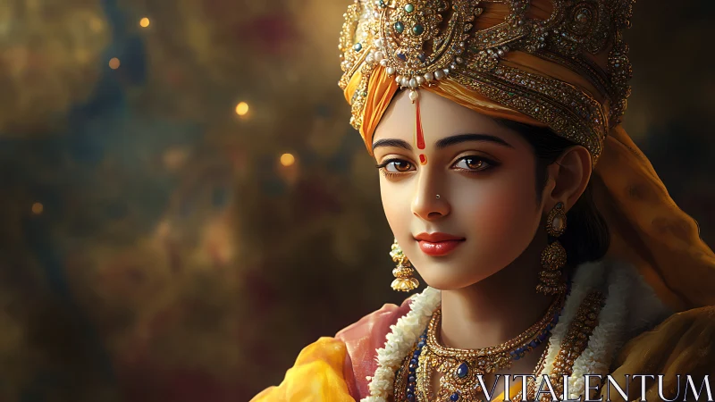 Portrait shows young woman in ornate traditional regalia