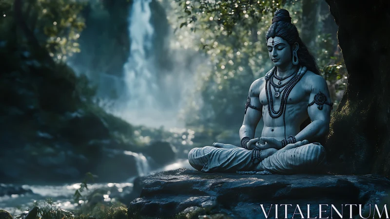 Digital render depicts seated figure meditating by waterfall