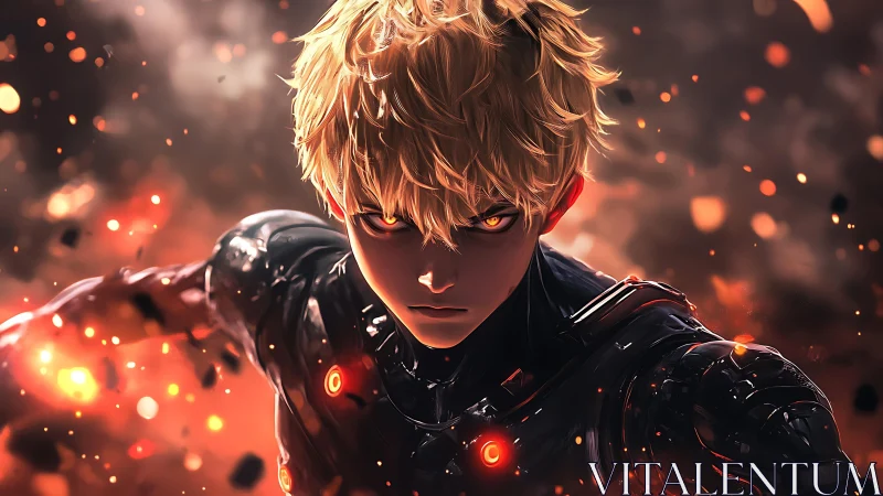 Cybernetic youth in armored exosuit amid flying embers.