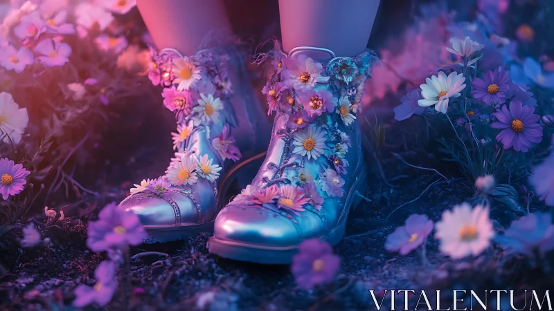Surreal floral boots in neon twilight botanical close-up study.