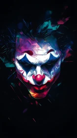 Fragmented neon clown portrait isolates psychological tension