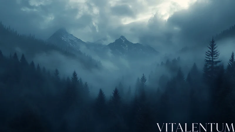 Moody fir forest swallowed by brooding, misty mountain hush.