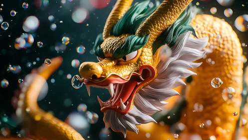 Golden serpentine dragon model rendered with shallow depth