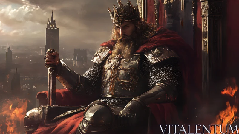 Brooding iron crowned king rules from a throne of fire and ash