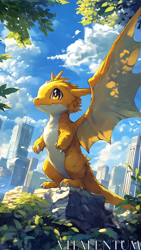 Golden dragon stands on sunlit rock above bright city skyline