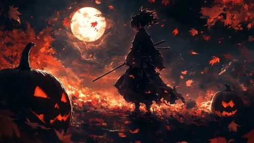 Samurai stands under blood moon among fiery pumpkins.