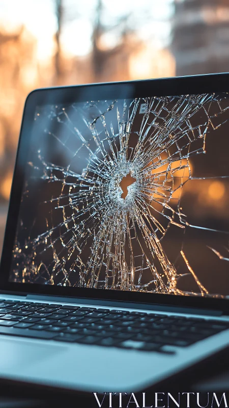 Radiating fracture pattern across shattered laptop screen.