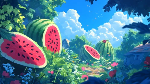 Sunlit garden path dotted with giant summer watermelons.